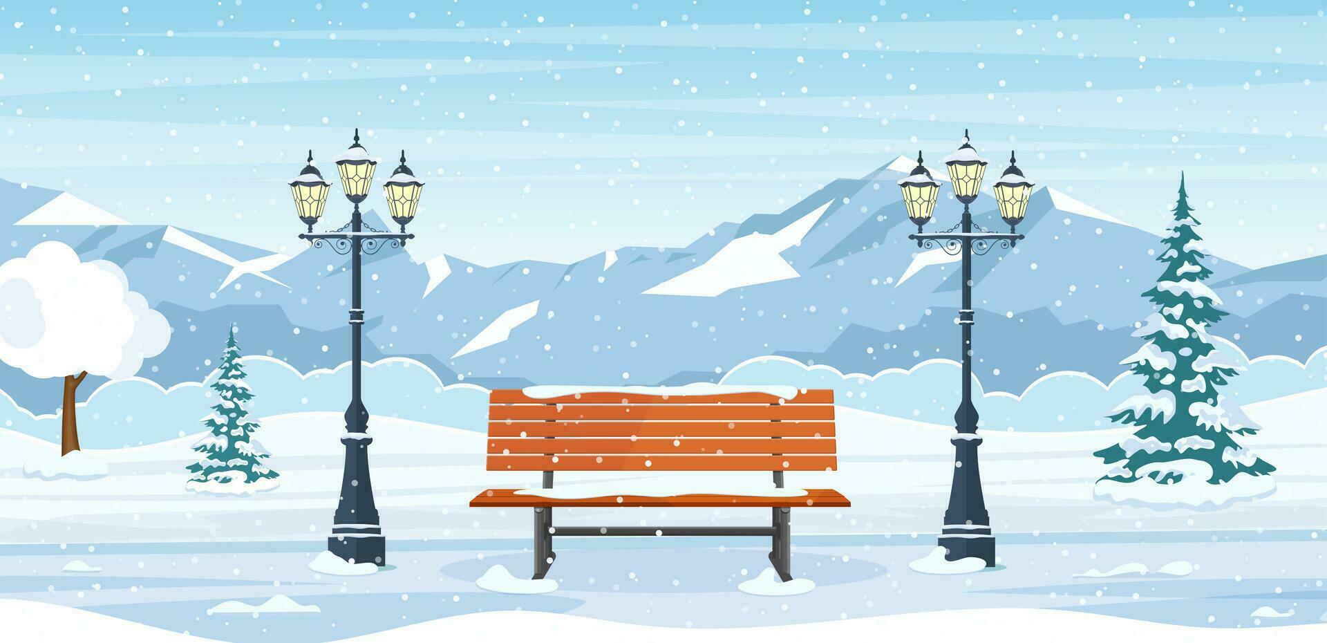 dibujos animados invierno ciudad parque con de madera banco, linternas y montaña. Navidad paisaje antecedentes con nieve y árbol. vector ilustración en plano estilo