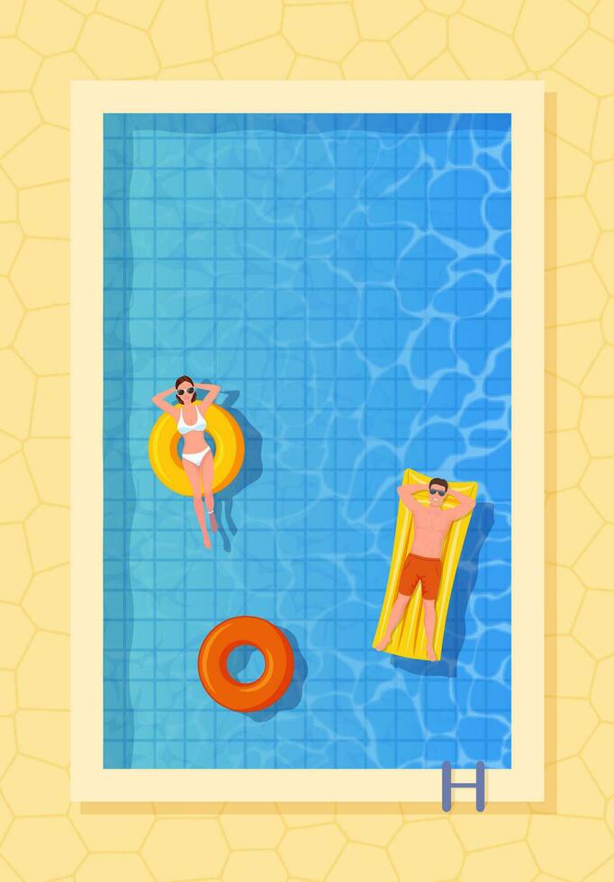 people resting together at open-air swimming pool party. Man and woman floating in rubber ring, vector