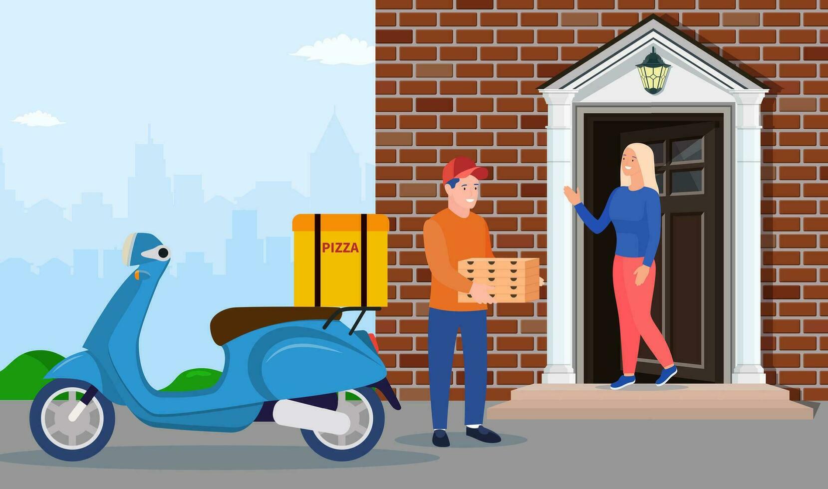 delivery man bringing a pile of pizza boxes near house facade. Courier character holds pizza. Free and fast shipping. Vector illustration in flat style