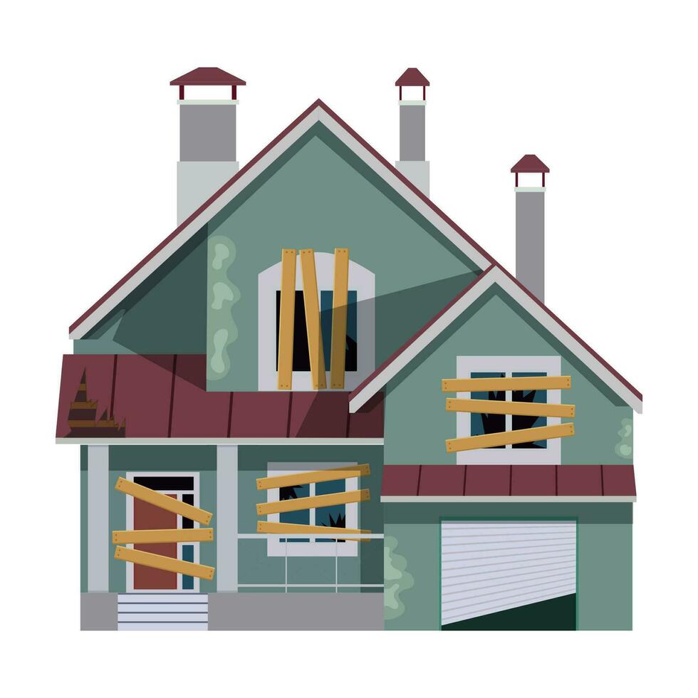 Old abandoned house cartoon. Decaying suburban cottage with broken windows. Vector illustration in a flat style