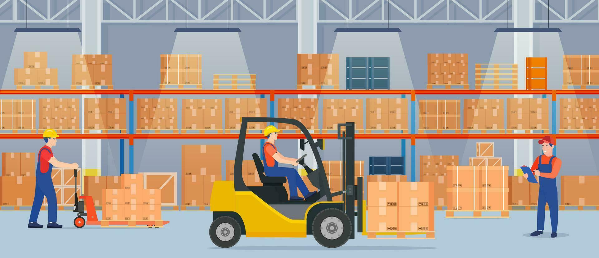 Warehouse interior with cardboard boxes on metal racks. Warehouse interior with goods, pallet trucks, forklift truck and container package boxes. Vector illustration in flat style
