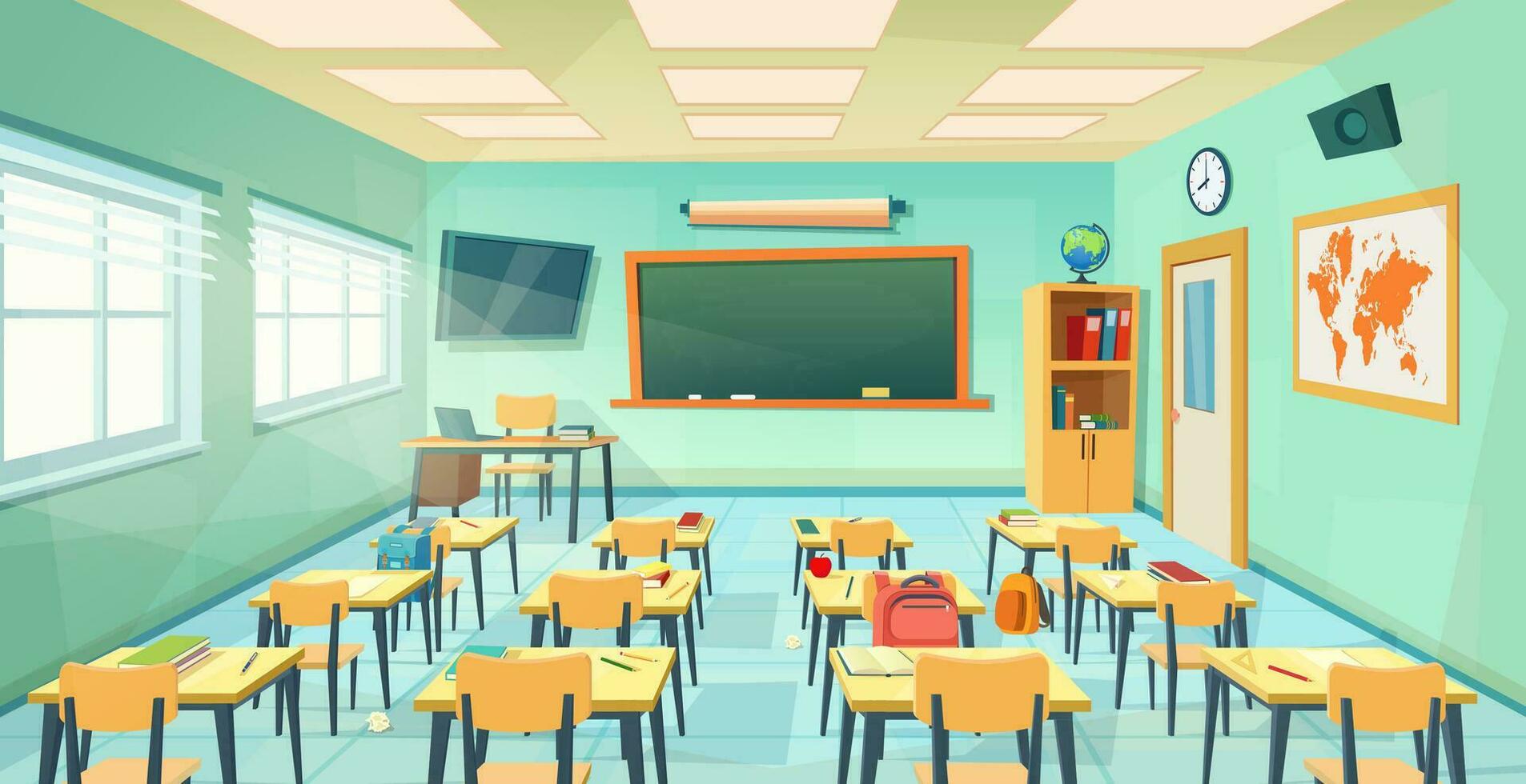 Empty school classroom cartoon . Back to school design template. Education concept. college or university training room with chalkboard, table, desks, chairs. Vector illustration in a flat style