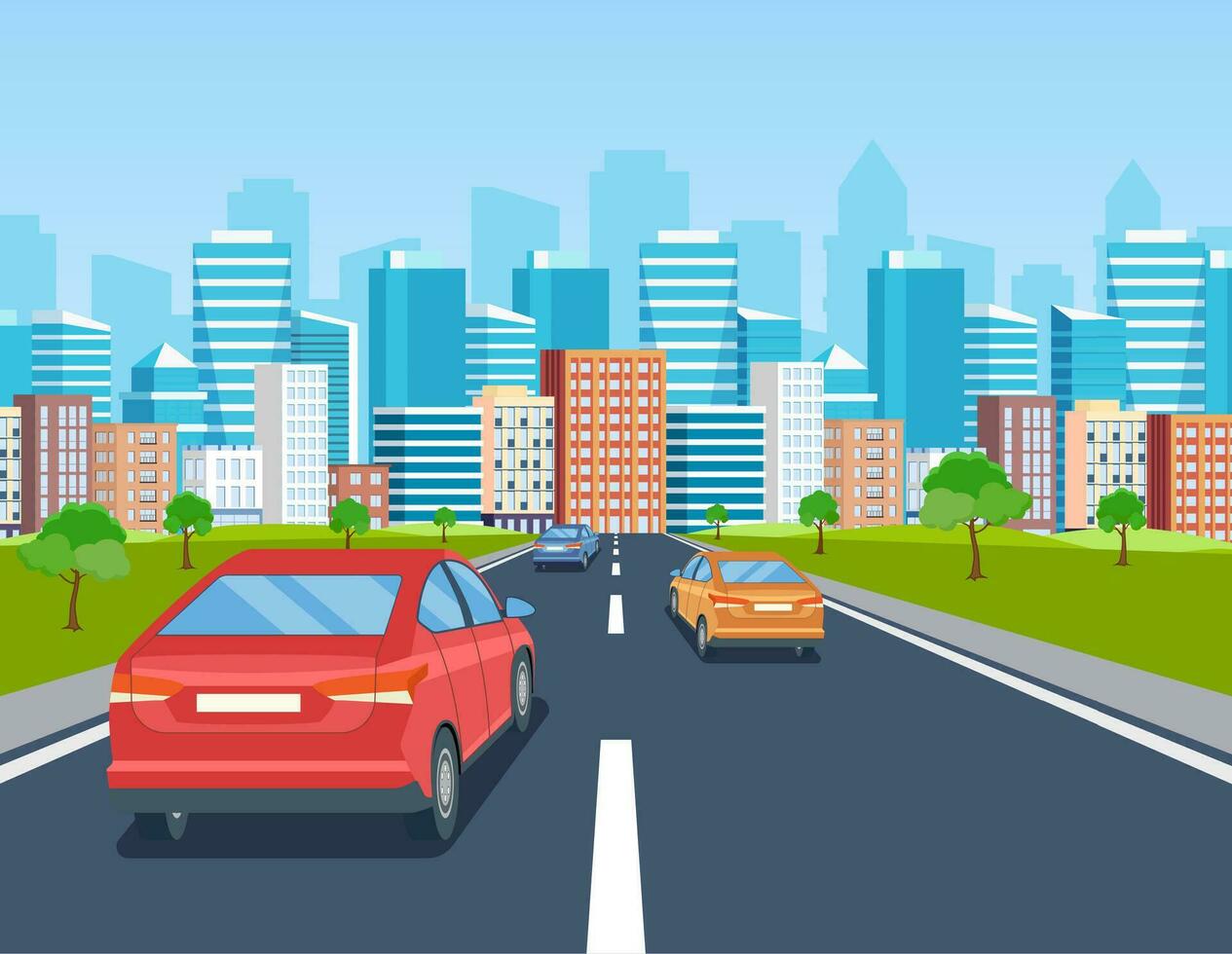 highway drive with beautiful landscape. Travel road car view. Road with cars leading to the city.. City traffic on highway with panoramic views vector illustration in flat design