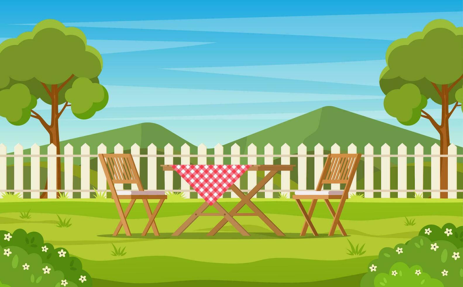 House backyard with green grass lawn, trees and bushes. Cartoon table and chairs garden modern furniture. Outdoor area for BBQ summer parties. Patio area. Vector illustration in flat style