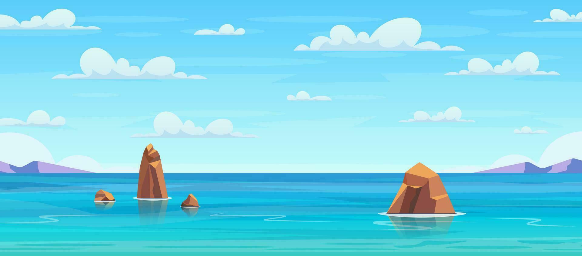 Ocean or sea water with waves and clouds in sky, summer blue seascape with cloudy sky and seaside panorama. Sea landscape with stones in water and clouds in blue sky. Vector illustration in flat style