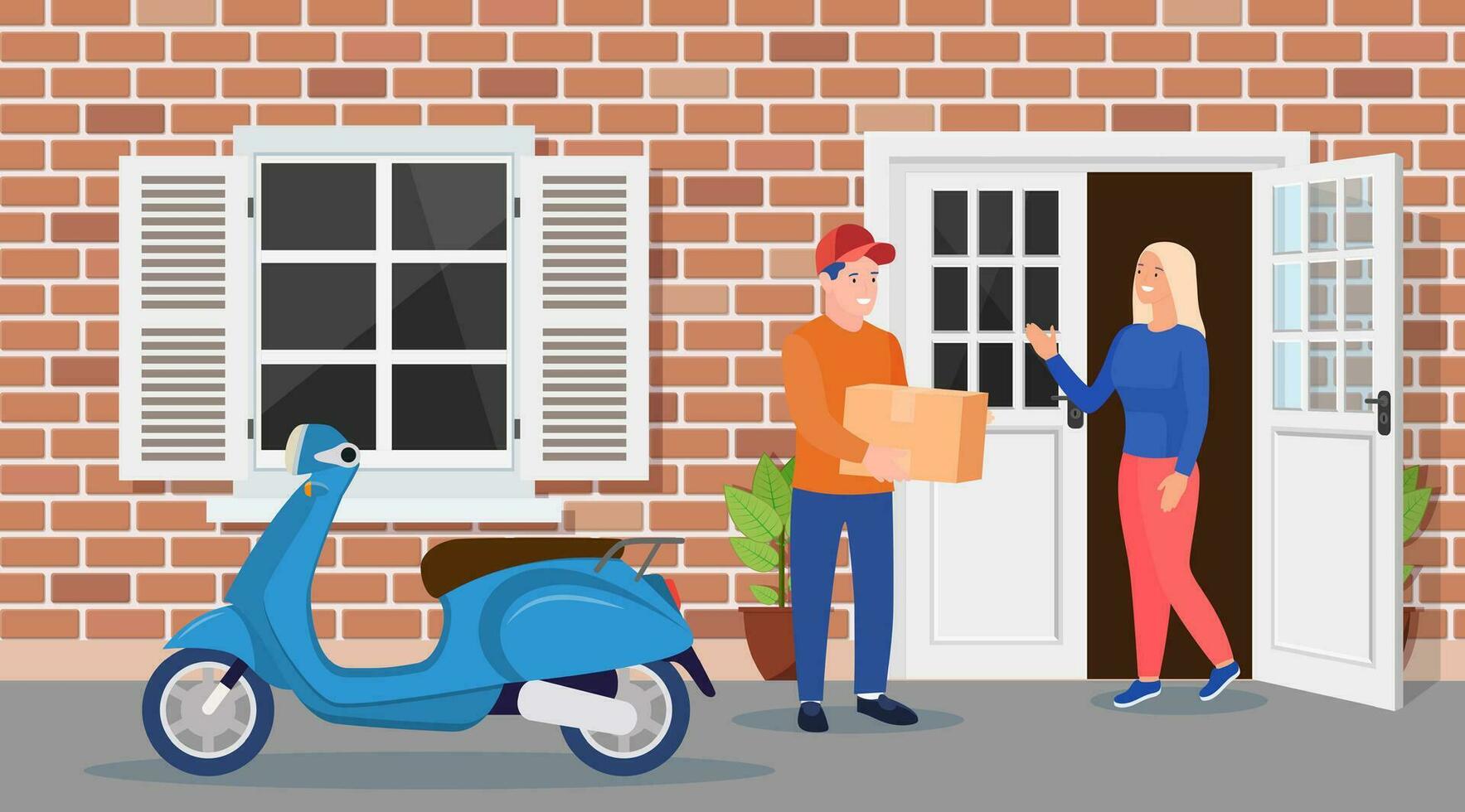 Man left cardboard boxes with goods near house facade. Courier character holds parcel. Carton delivery packaging closed box. Free and fast shipping. Vector illustration in flat style