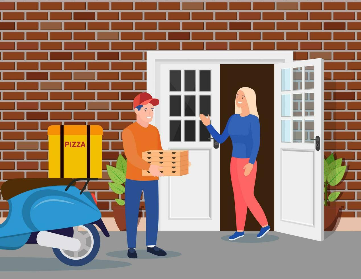 entrega hombre trayendo un pila de Pizza cajas cerca casa fachada. mensajero personaje sostiene Pizza. gratis y rápido envío. vector ilustración en plano estilo