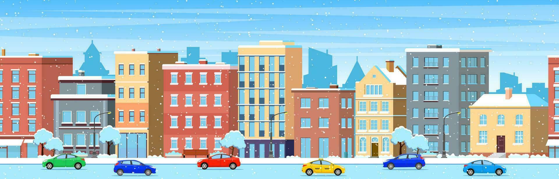 ciudad edificio casas invierno calle paisaje urbano antecedentes. alegre Navidad contento nuevo año concepto horizontal bandera. vector ilustración en plano estilo