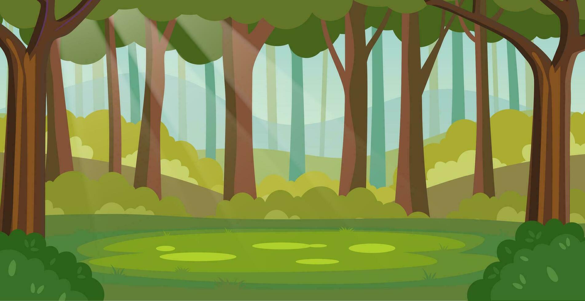 magia verano selva bosque claro con rayos de sol dibujos animados bosque fondo, naturaleza paisaje con árboles, verde césped, arbustos paisaje vista, verano o primavera madera. vector ilustración en plano estilo