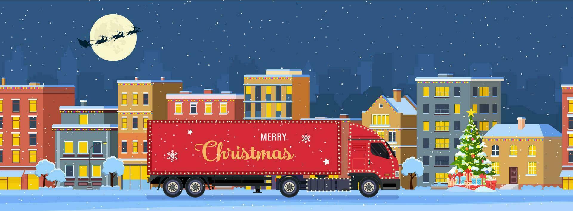 happy new year and merry Christmas winter town street in the night. christmas town city panorama. Santa Claus with deers in sky above the city. red delivery truck on background . Vector illustration
