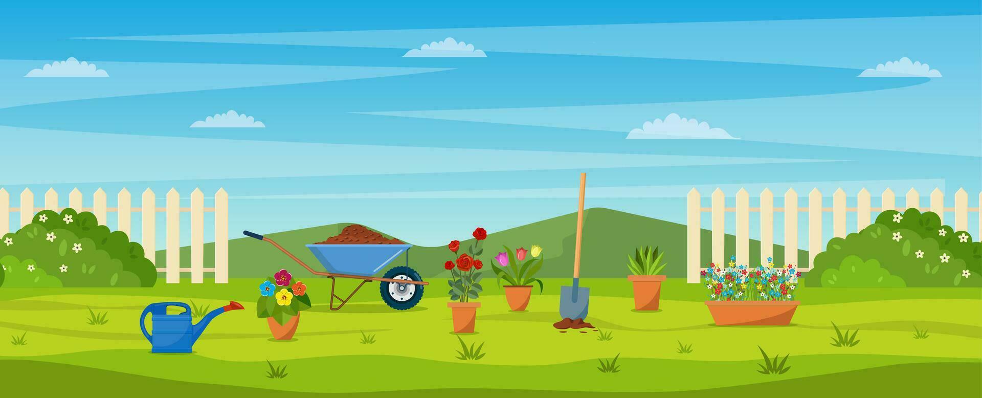 garden with green grass, flowers, garden wheelbarrow, shovel. garden concept. Banner with Spring or summer landscape. vector illustration in flat design