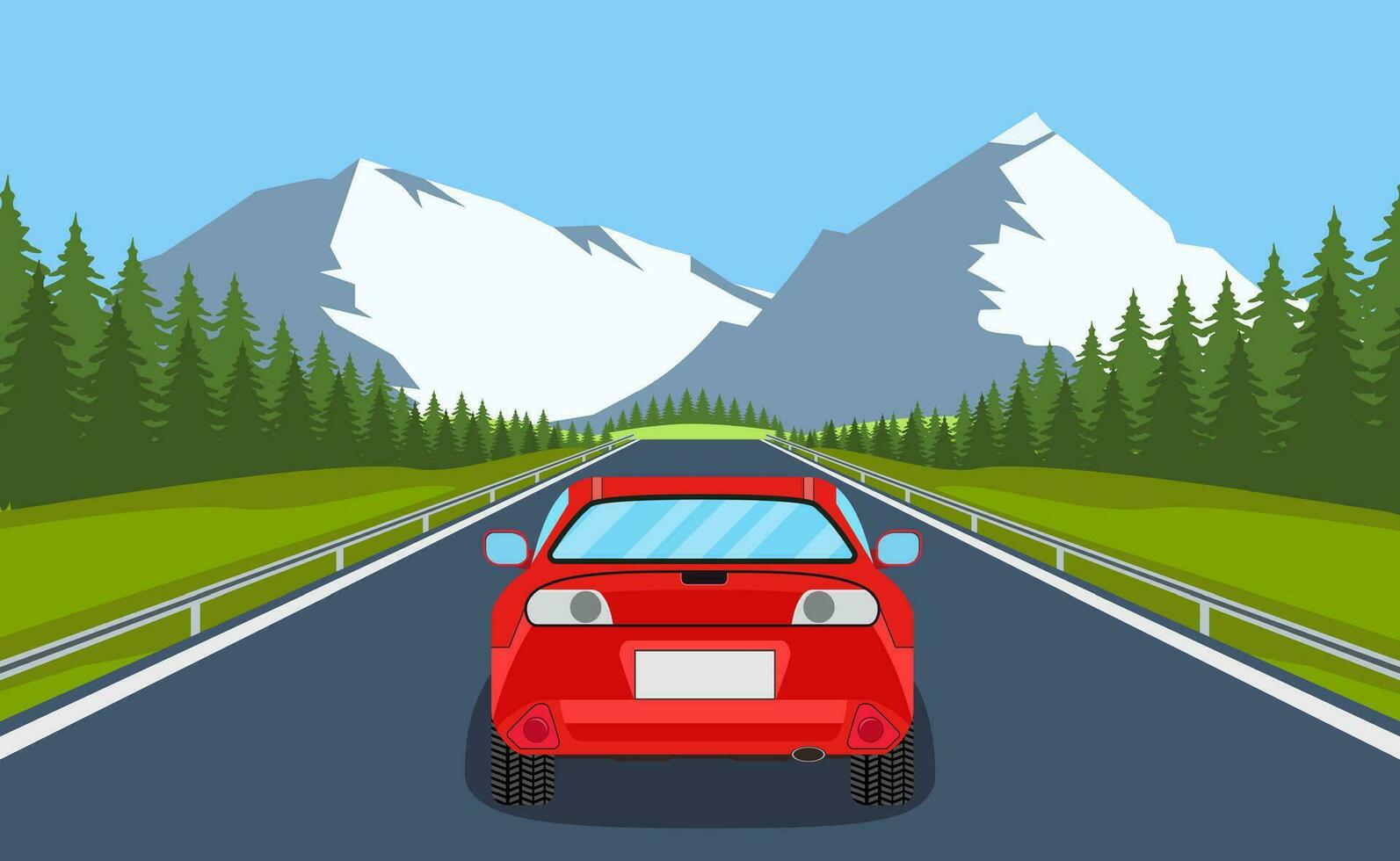highway drive with beautiful landscape. Travel road car view. Road with car. highway with panoramic views vector illustration in flat design