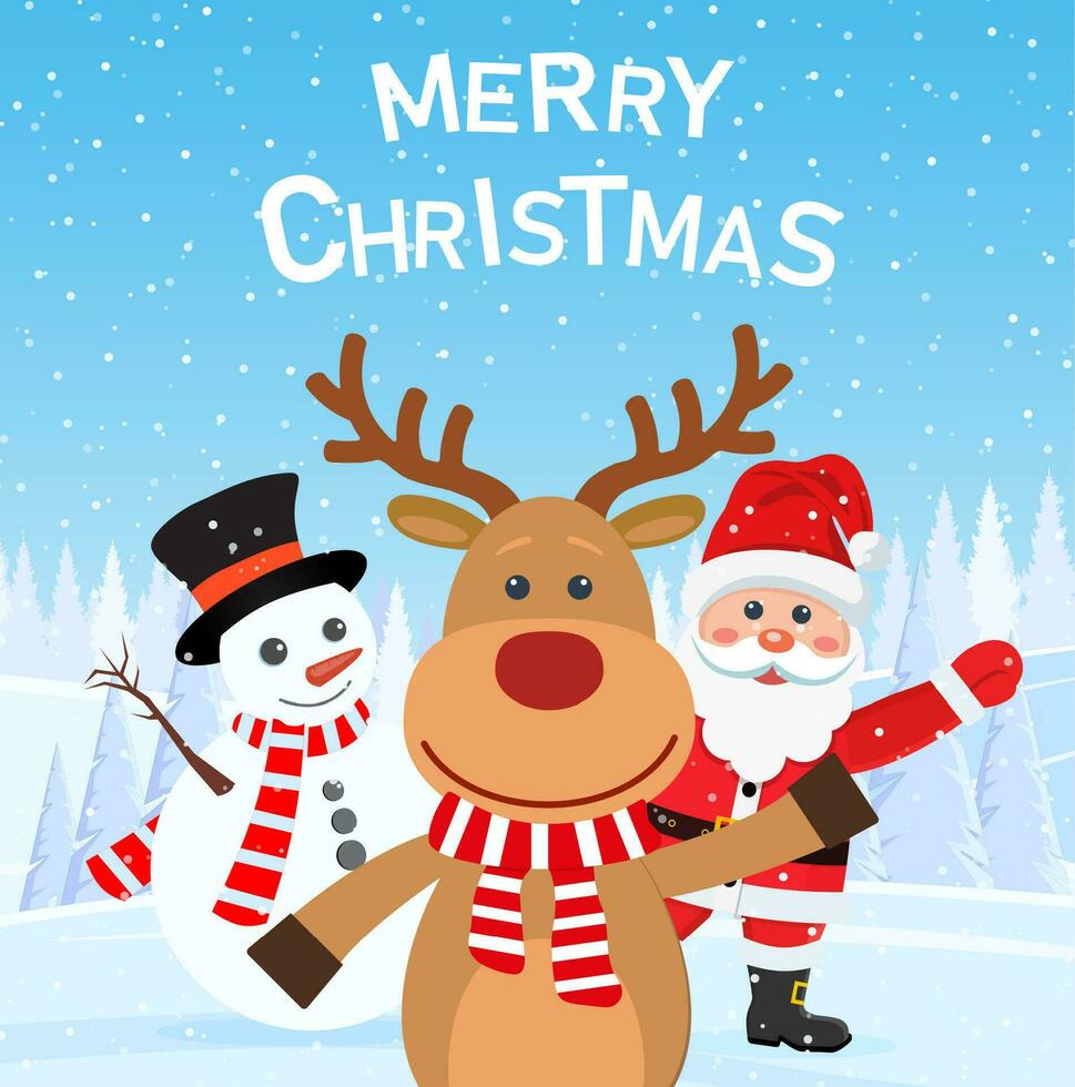 merry christmas and happy new year background and card, santa claus, reindeer, snowman cartoon cute. Vector illustration in flat style