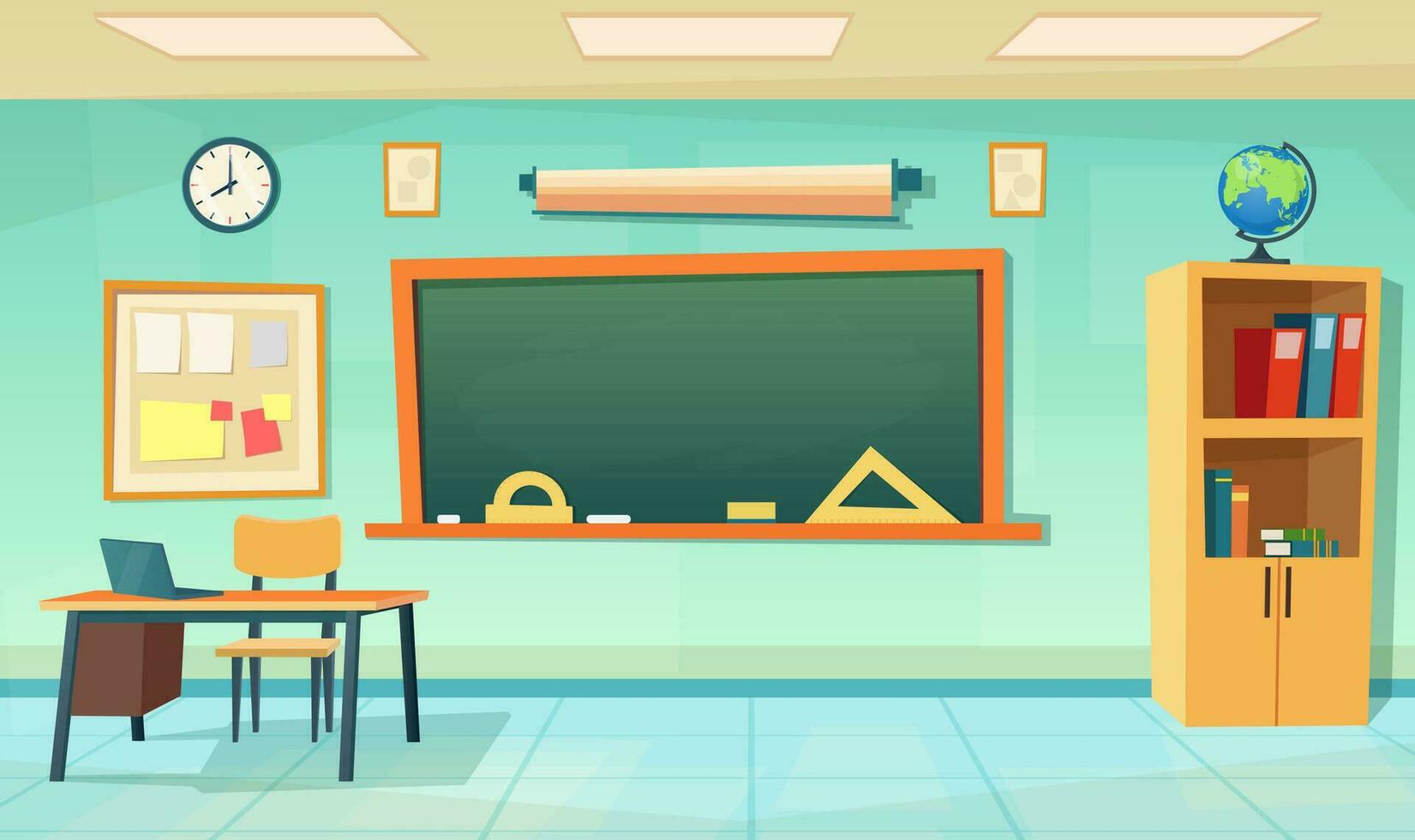 Nobody school classroom interior with teachers desk and blackboard. cartoon School Education background. Classroom interior. Meeting room. Vector illustration in a flat style