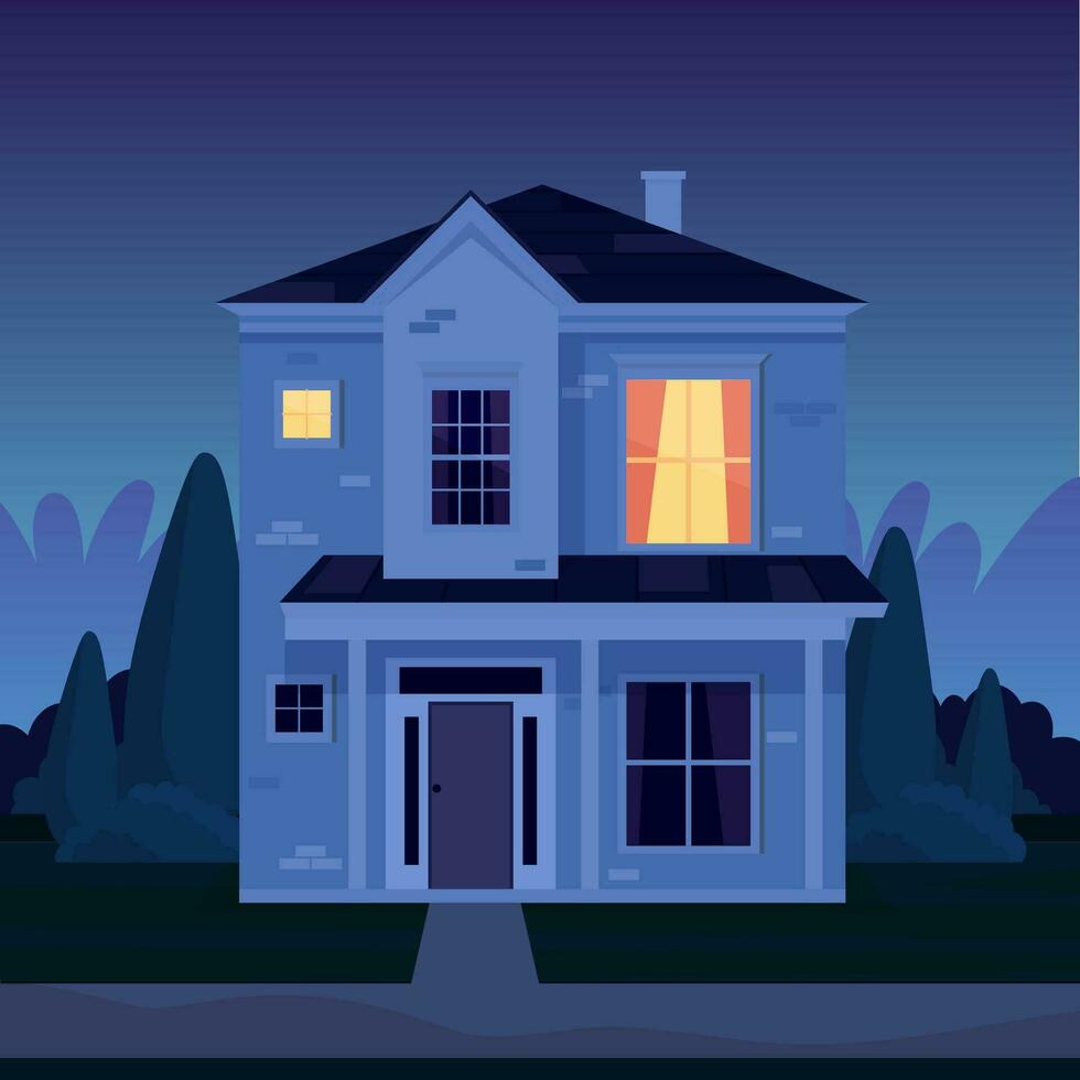 Street in suburb district with residential house at night. cartoon landscape with suburban cottage. City neighborhood with real estate property. Vector illustration in a flat style