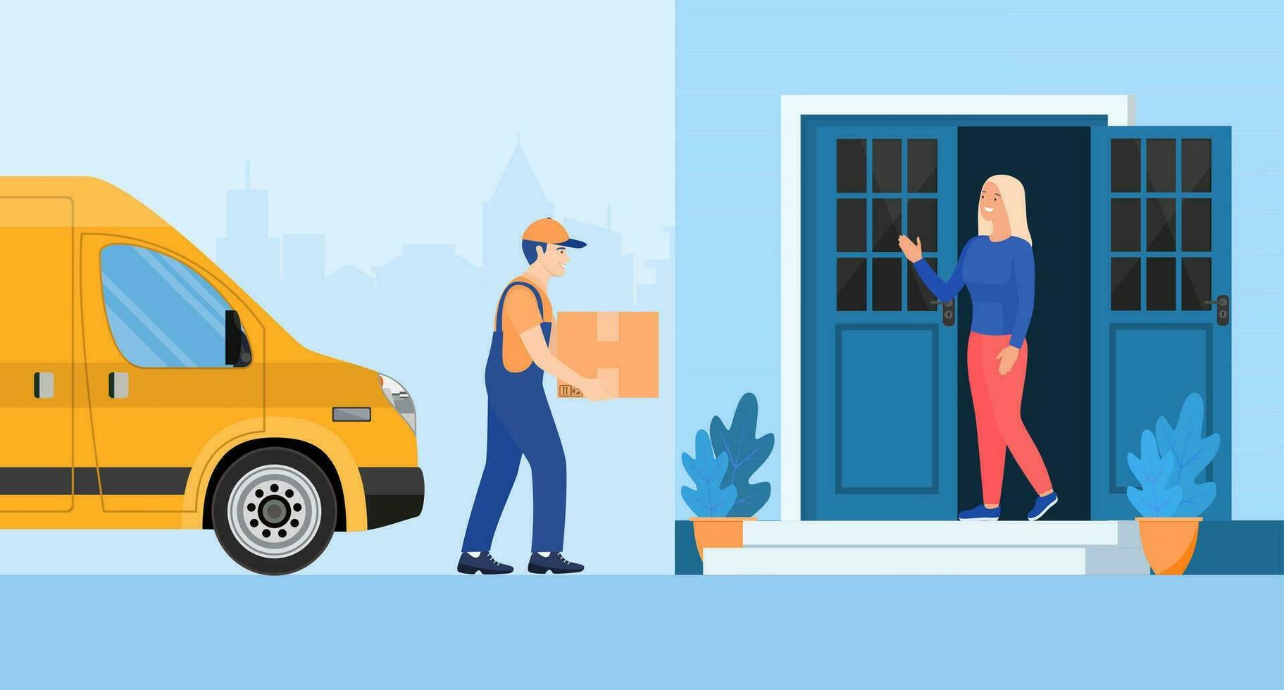 Man left cardboard boxes with goods near house facade. Courier character holds parcel. Carton delivery packaging closed box. Free and fast shipping. Vector illustration in flat style