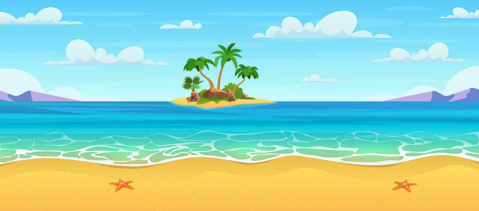 Cartoon summer beach. Tropical island in ocean with palm trees and rock. summer sea landscape. Tropical landscape. Vector illustration in flat style