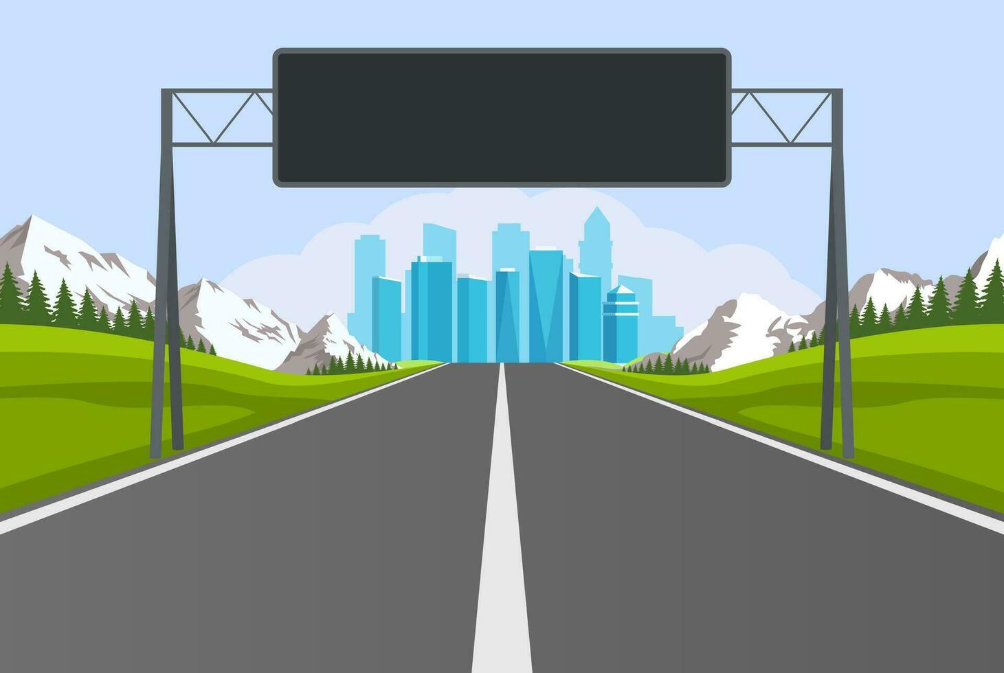 autopista la carretera. vacío la carretera con ciudad horizonte en horizonte y naturaleza paisaje. la carretera a ciudad con información panel. vector ilustración en plano diseño