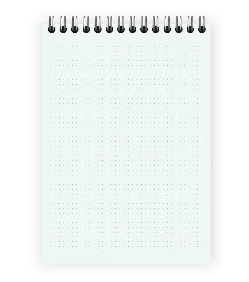 Blank realistic dots notebook with shadow. Copybook with blank opened ruled page on metallic spiral, dairy or organizer mockup or template for your text. vector illustration.