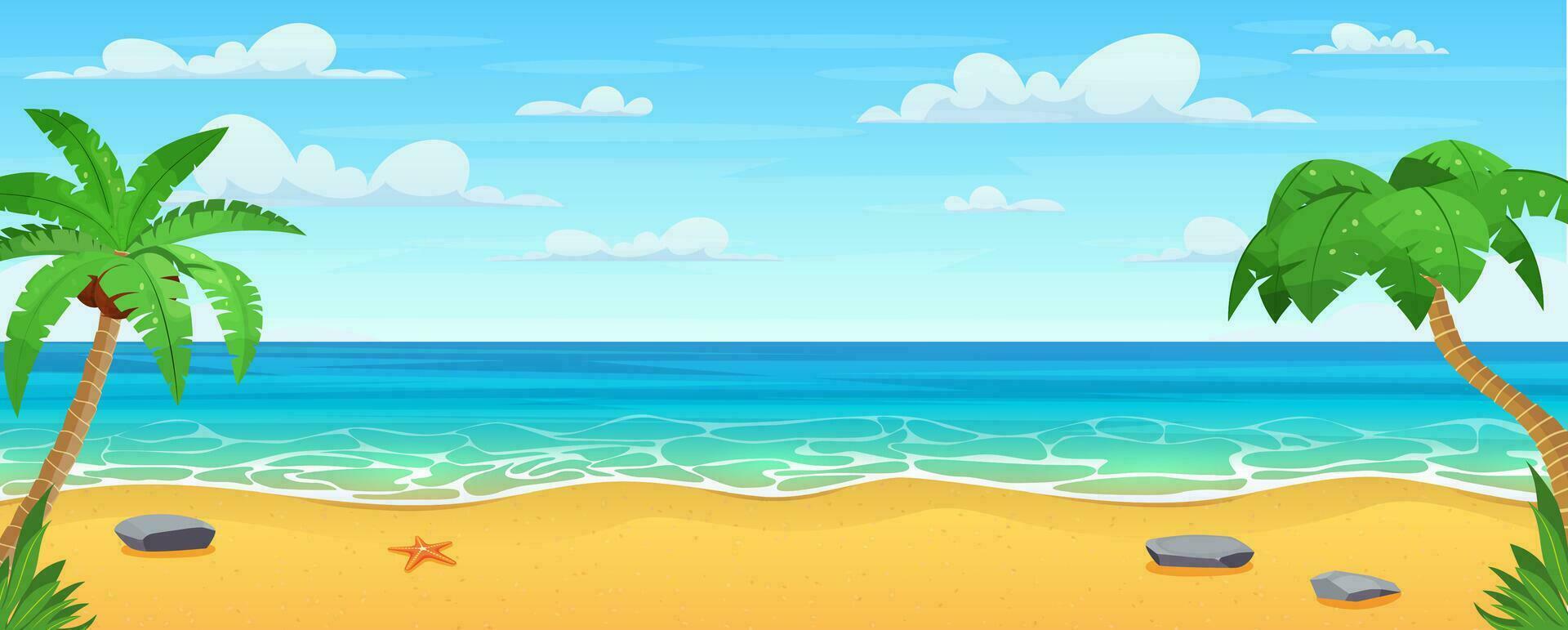Cartoon summer beach. Paradise nature vacation, ocean or sea seashore. Sea beach landscape. ocean view horizontal panorama with palm trees on the sides. Vector illustration in flat style