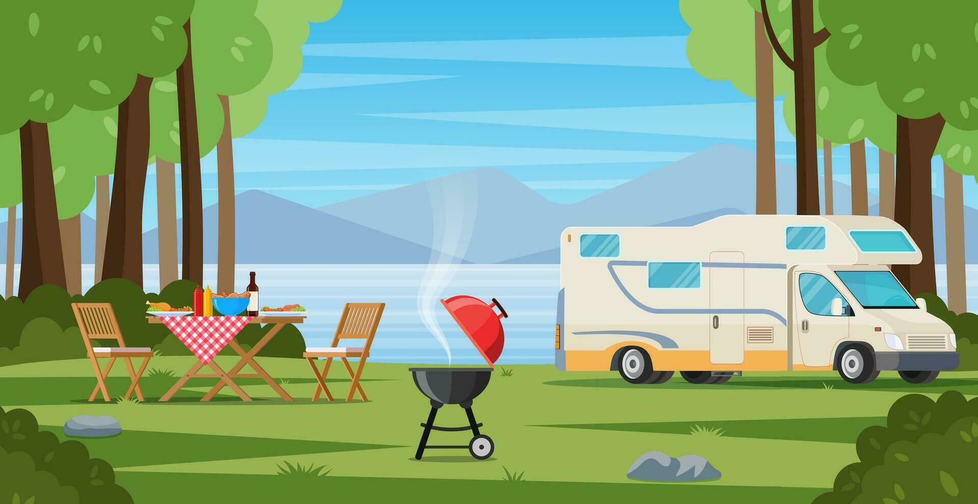 Camper with barbecue folding table deckchair. Summer camping. Outdoor nature adventure, active tourism in summertime background. vector