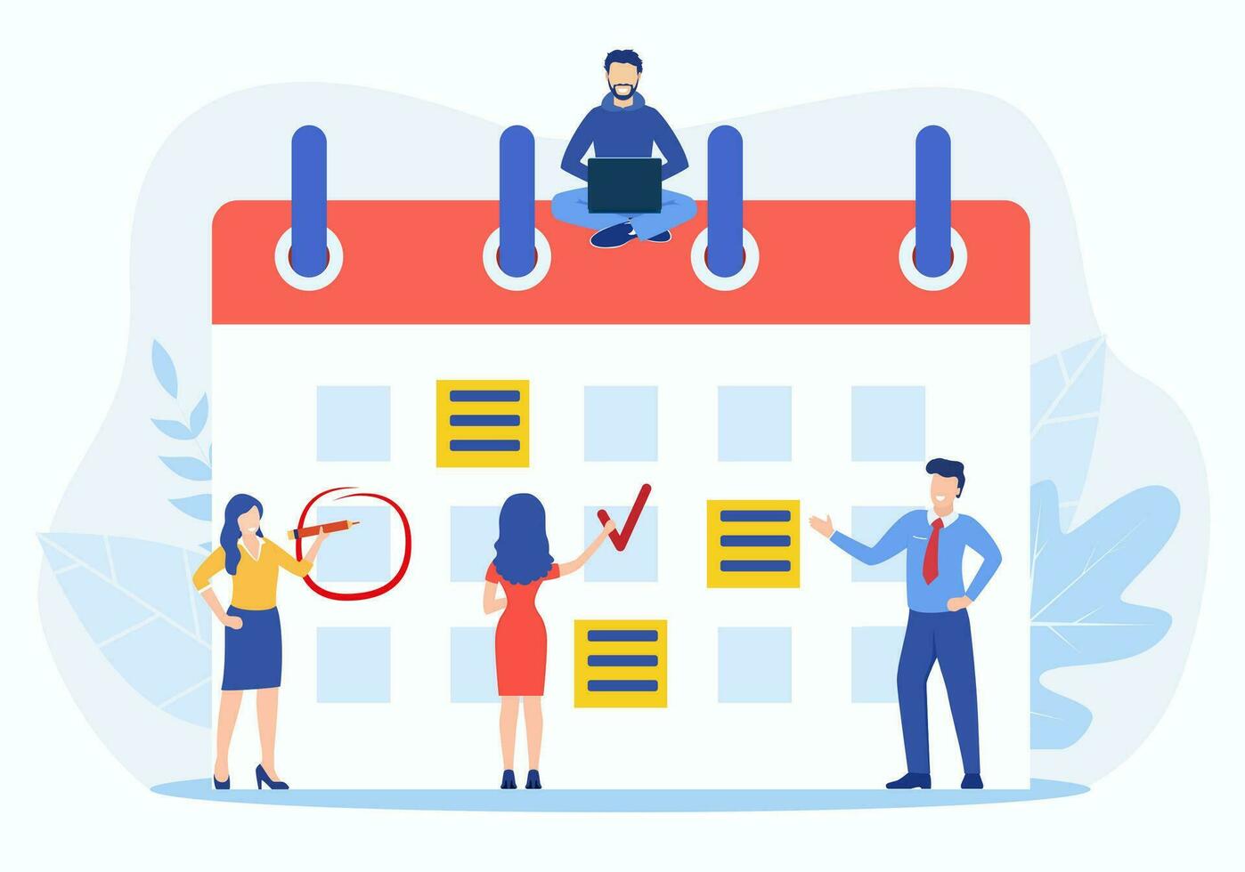 Planning schedule, business event and calendar concept. People with schedule, pen and notes organize meeting. Planning strategy and time management. Vector illustration in flat style