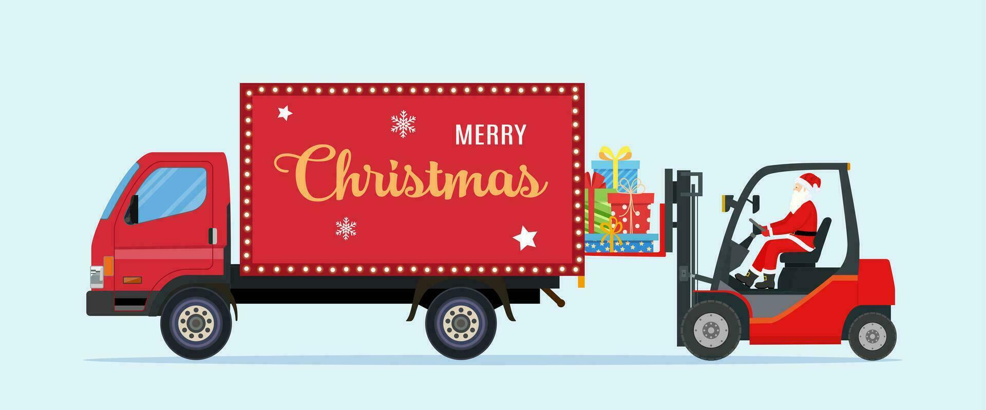 Papa Noel claus en rojo máquina elevadora cargado con pila de regalo cajas y camión. Navidad regalos entrega y envío. alegre Navidad día festivo. nuevo año y Navidad. vector ilustración en plano estilo
