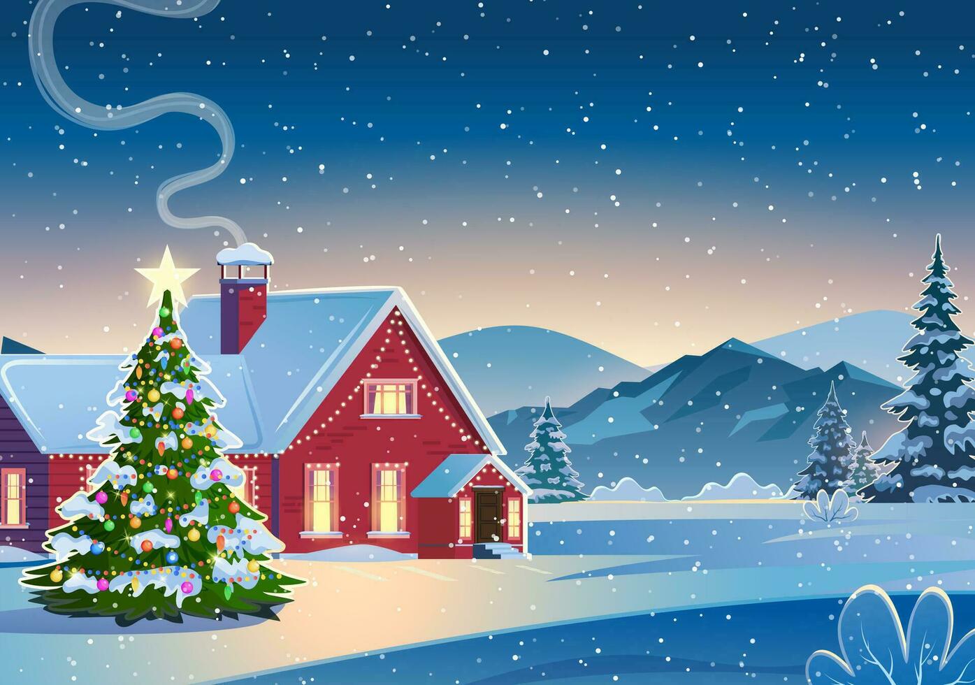 un casa en un Nevado Navidad paisaje a noche. Navidad árbol. concepto para saludo o postal tarjeta. invierno nieve paisaje y casas con copos de nieve que cae desde cielo. vector ilustración.