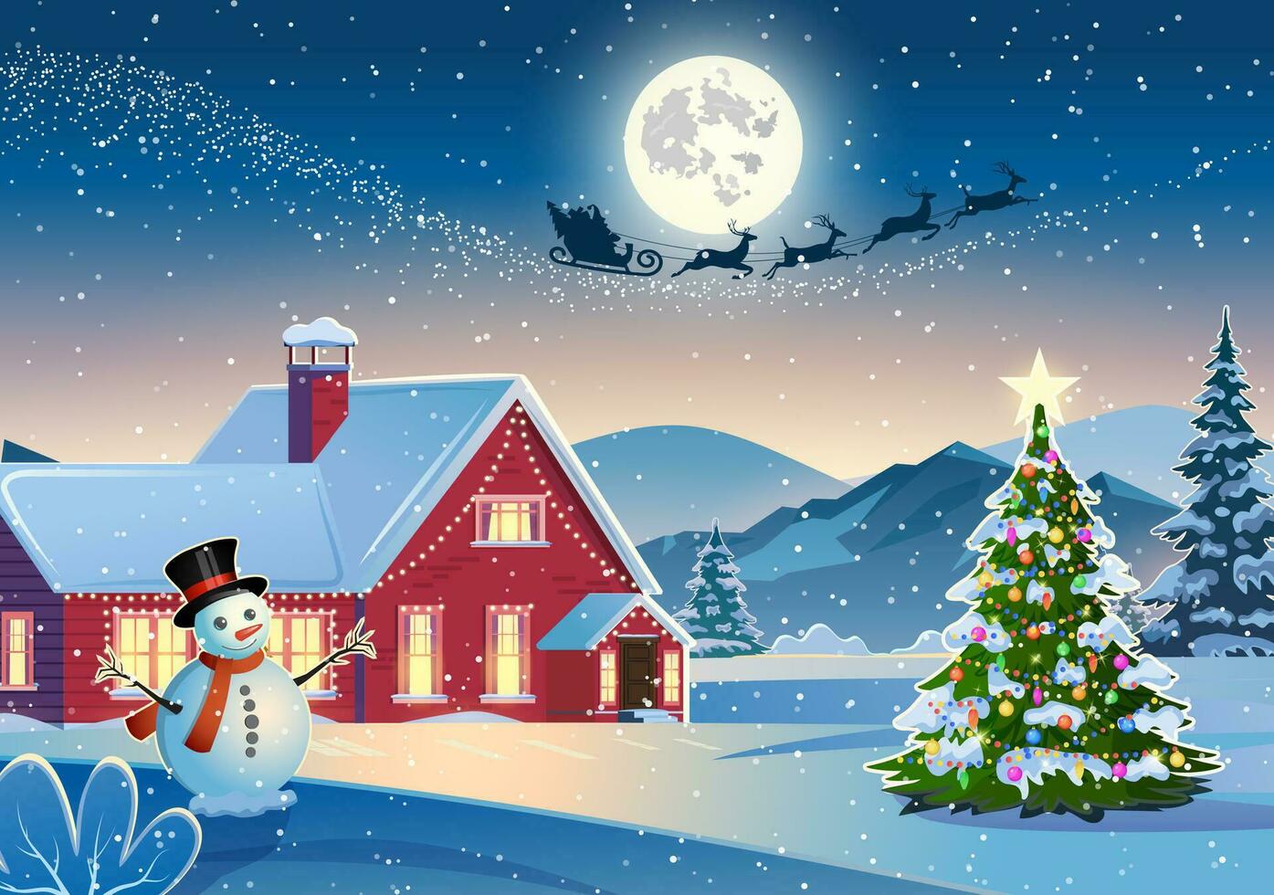 Winter snow landscape and houses with snowflakes falling from sky. Winter leisure, Christmas vacation, snowy hills, tree and fields. Santa Claus with deers in sky. Vector illustration