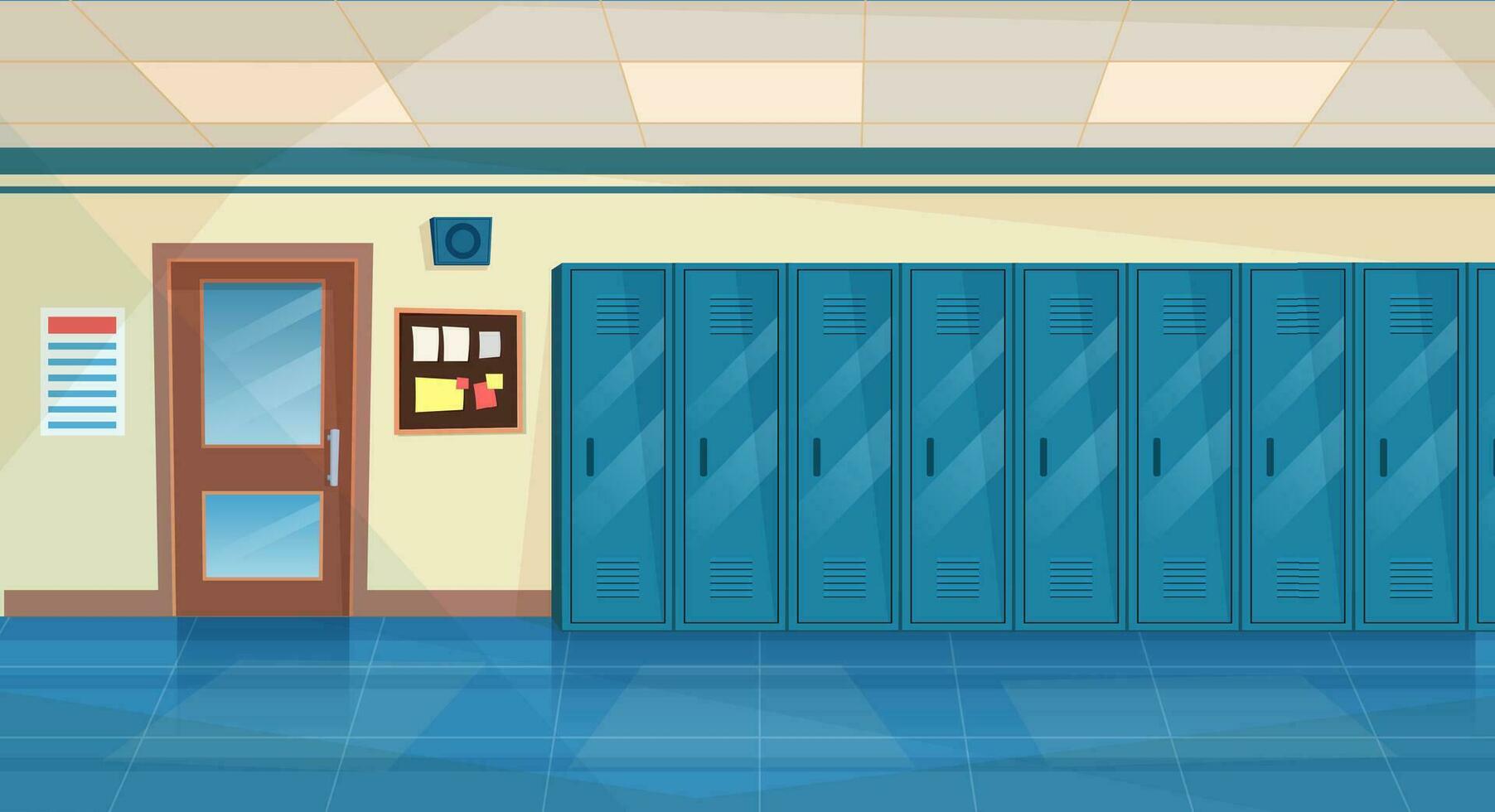 Empty School Corridor Interior With Row Of Lockers,closed door to classroom. Horizontal Banner. cartoon College campus hall or university lobby. Vector illustration in a flat style