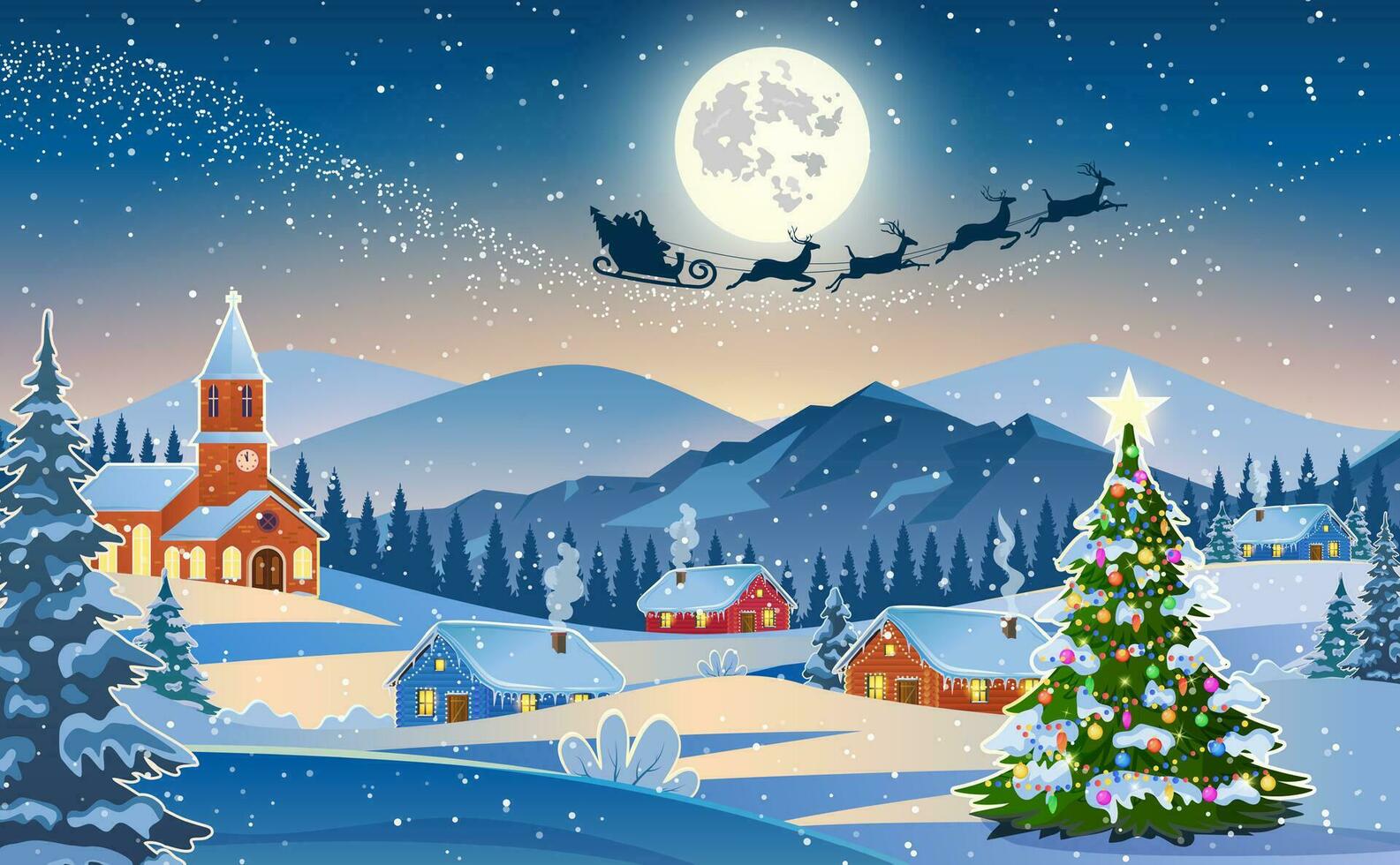 Winter snow landscape and houses with christmas tree. concept for greeting or postal card. background with moon and the silhouette of Santa Claus flying on a sleigh. vector illustration.