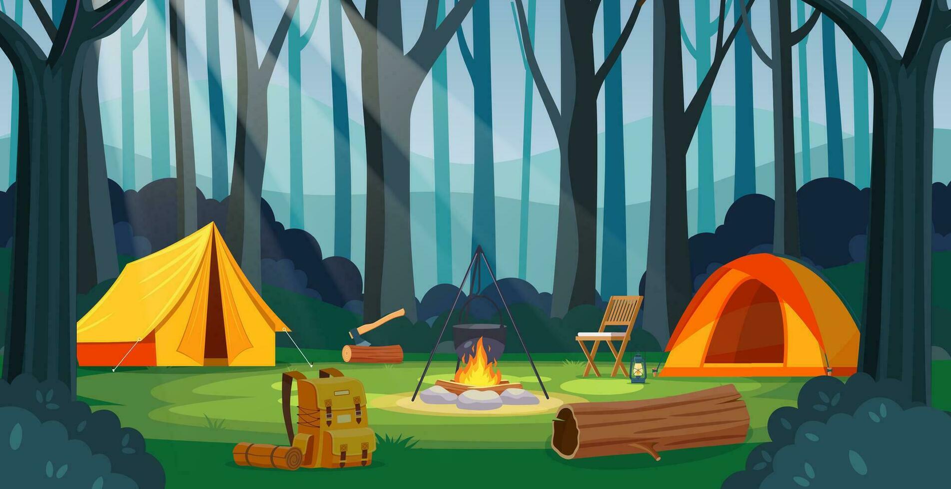 verano acampar en bosque con hoguera, carpa, mochila. dibujos animados paisaje , bosque y cámping. equipo para viajar. vector ilustración en plano estilo