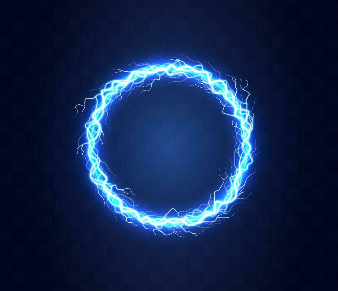 Realistic magic circle of thunder storm blue lightnings. Magic and bright lighting effects. Electric circle. Round frame with electricity and lightnings. vector
