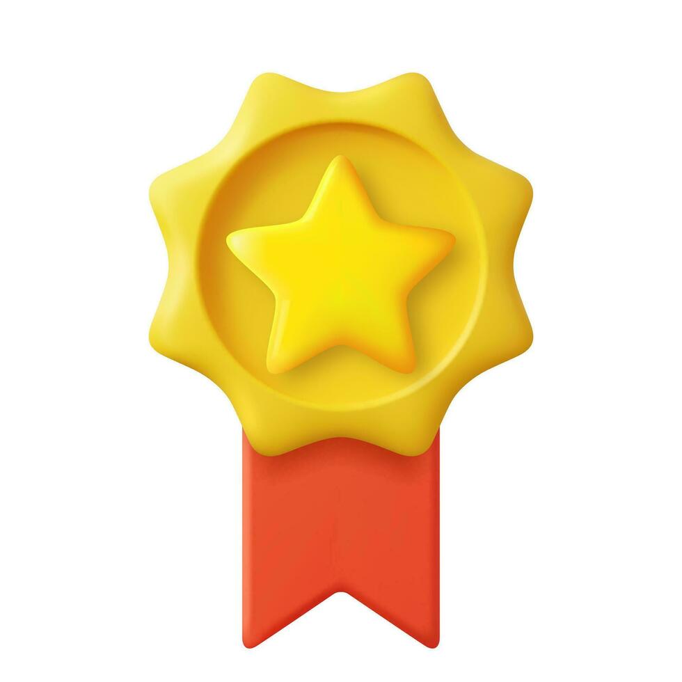 3d Winner medal with star and ribbon. Cartoon minimal style. Premium quality, quality guarantee symbol. 3d rendering Certificate Blank badge icon. Vector illustration