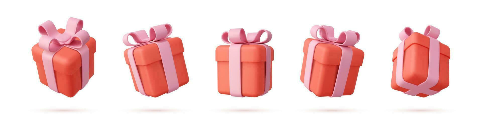 conjunto de realista regalos cajas aislado en un blanco antecedentes. cinco regalo cajas con arcos y cintas fiesta decoración presenta festivo regalo sorpresa. 3d representación. vector ilustración