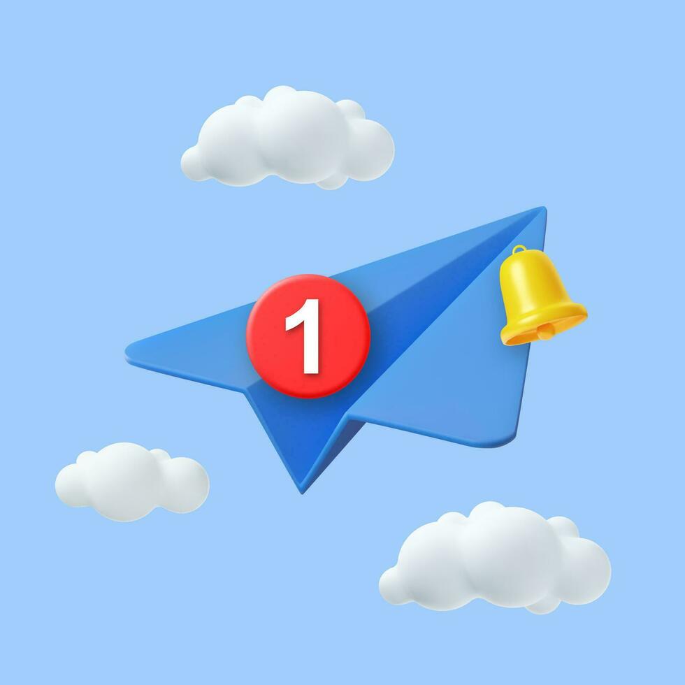 3d papel avión icono. bandera modelo para viaje con aeronave y nubes enviar mensaje concepto. correo electrónico con campana notificación aislado en azul antecedentes. 3d representación. vector ilustración