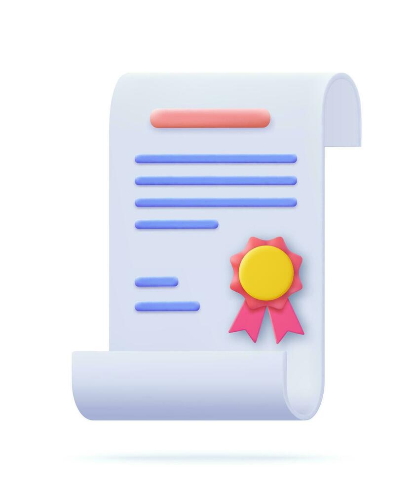 3d Achievement, award, grant, diploma concepts. certificate icon with stamp and ribbon bow. 3d rendering. Vector illustration