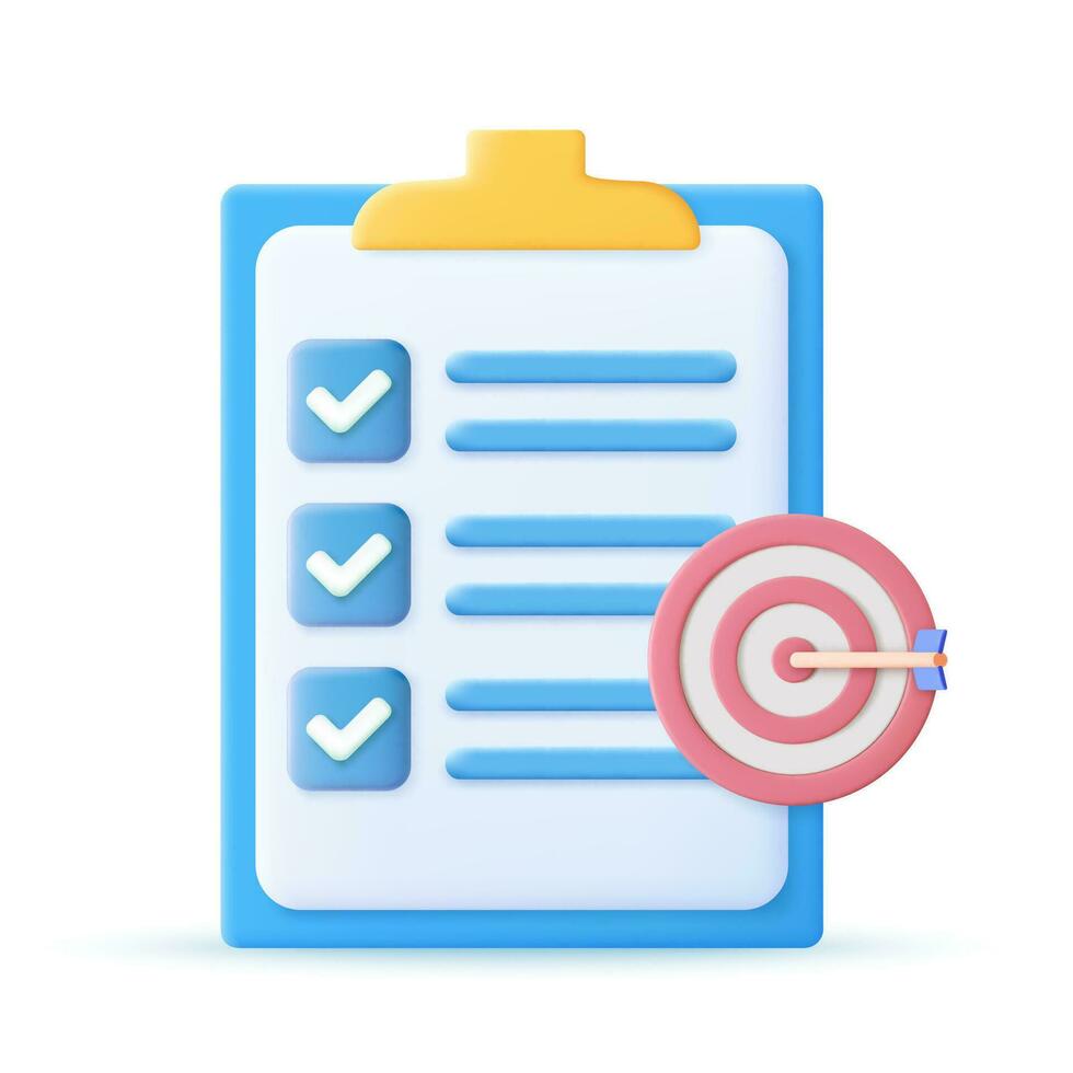 3d Clipboard, checklist symbol. Assignment target icon. Project task management and effective time planning tools. 3d rendering. Vector illustration