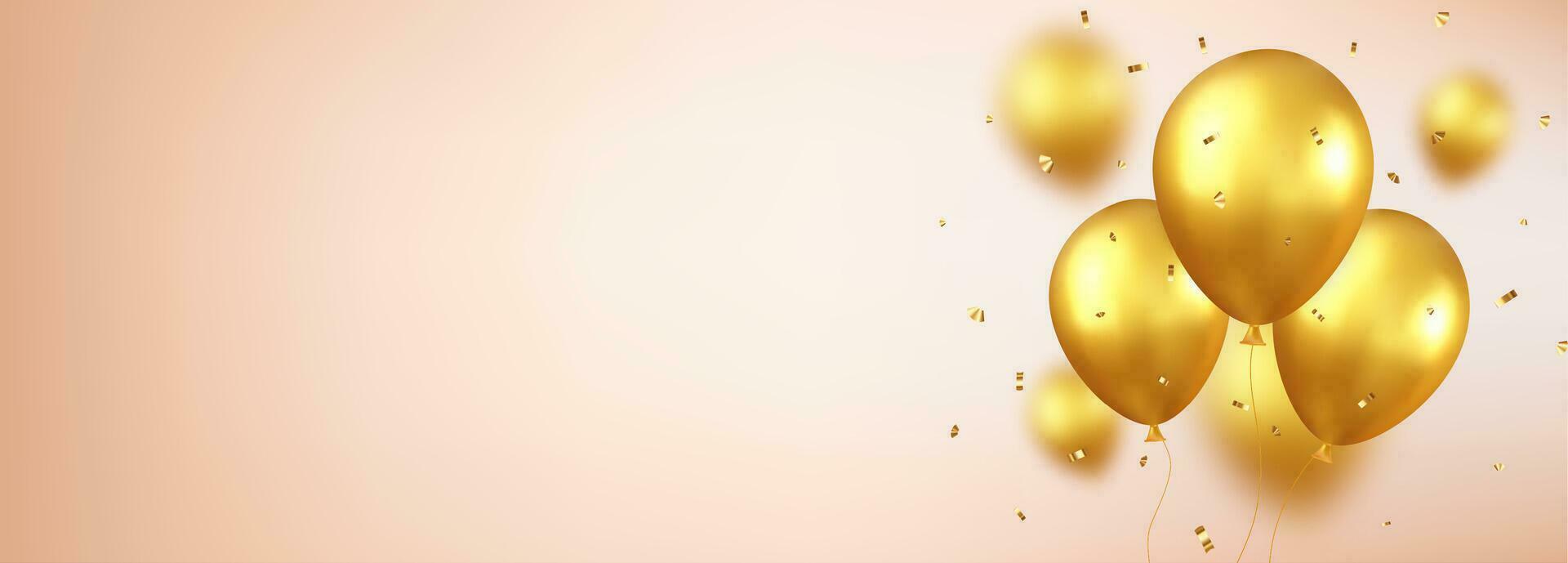 3d globos con cinta. celebración diseño con oro de colores globos con reluciente papel picado. elegante póster, cubrir, bandera, sitio, móvil aplicación 3d representación. vector ilustración