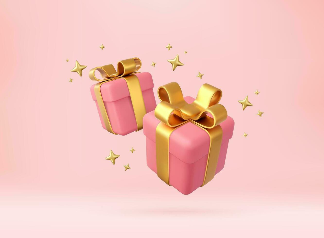 3d pink gift boxes with golden ribbon and bow. Birthday celebration concept. Merry New Year and Merry Christmas 2023 pink gift boxes with golden bows. 3d rendering. Vector illustration