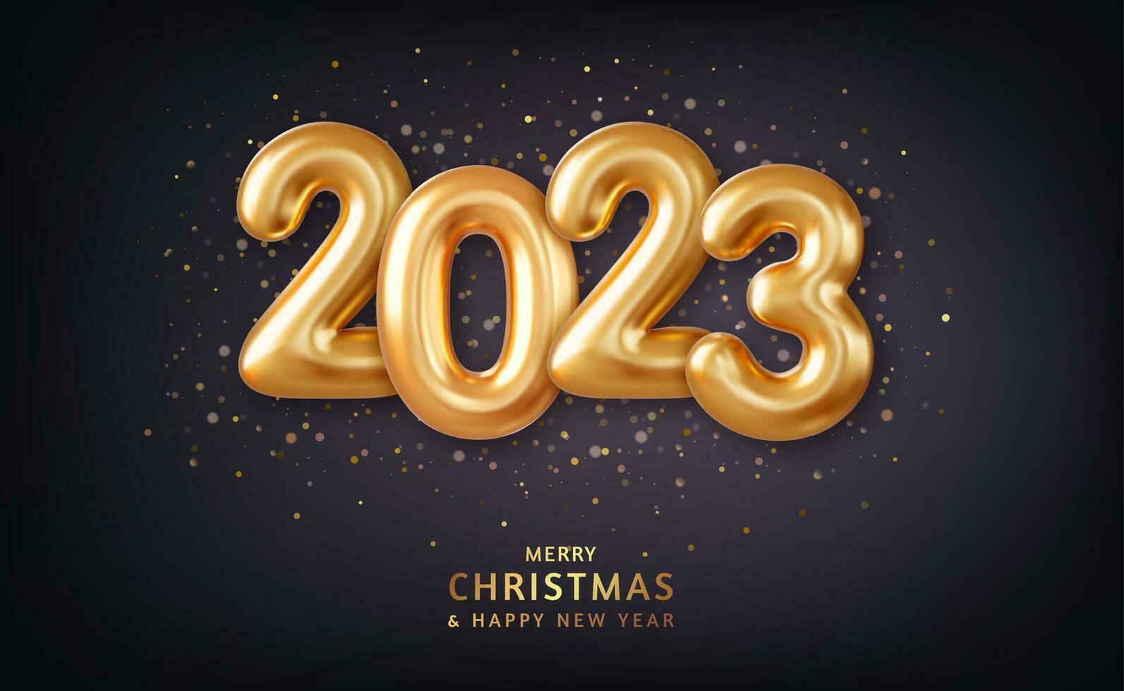 3d Realistic Gold Foil Balloons. Merry Christmas and Happy New Year 2023 greeting card. Winter Holiday banner concept. 3d rendering. Vector illustration