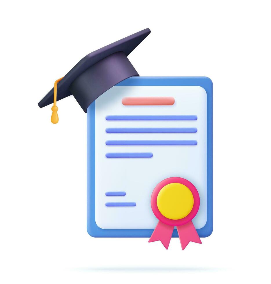 3d Achievement, award, grant, diploma concepts. graduation certificate with cup icon with stamp and ribbon bow. 3d rendering. Vector illustration