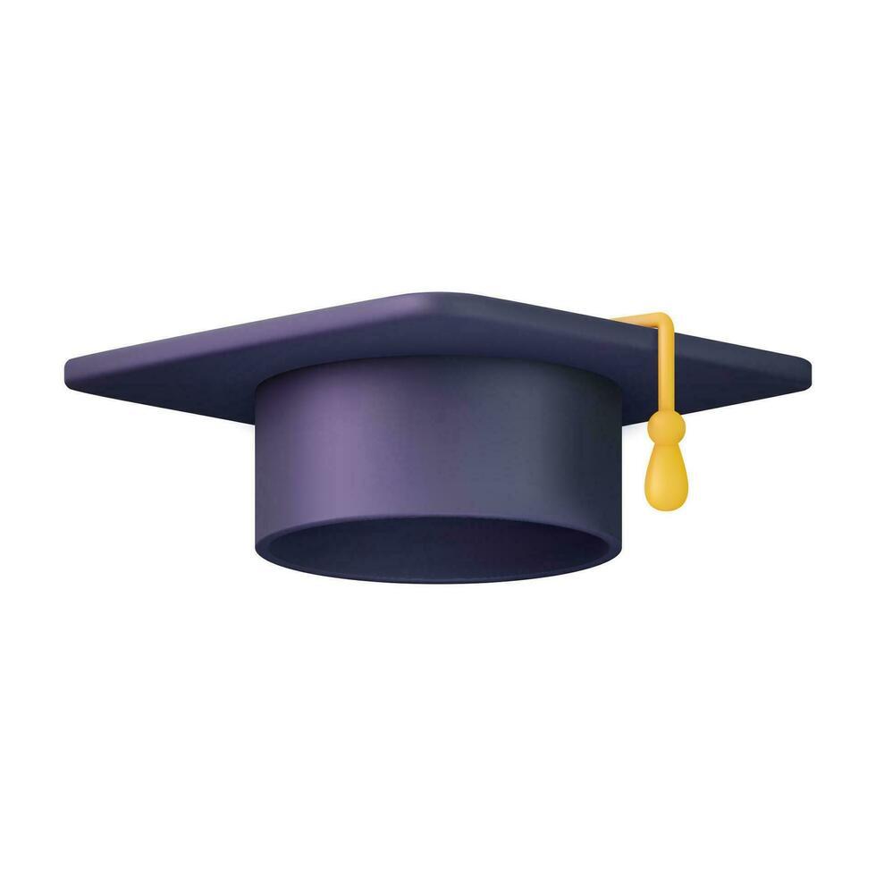 3d Graduation cap icon. High school college university complete. College cap, mortar board. Education, degree ceremony concept. 3d rendering. Vector illustration