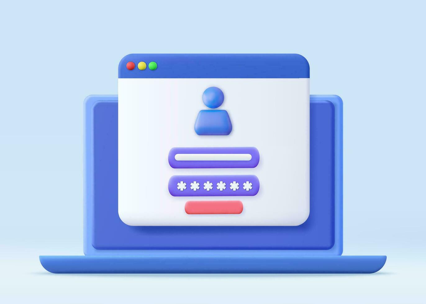 3d Computer and account login and password form page on screen. Sign in to account, user authorization, login authentication page concept. Username, password fields. 3d rendering. Vector illustration