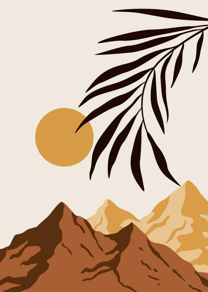 nature landscape background.wall art vector. Foliage line art drawing with abstract shape. vector