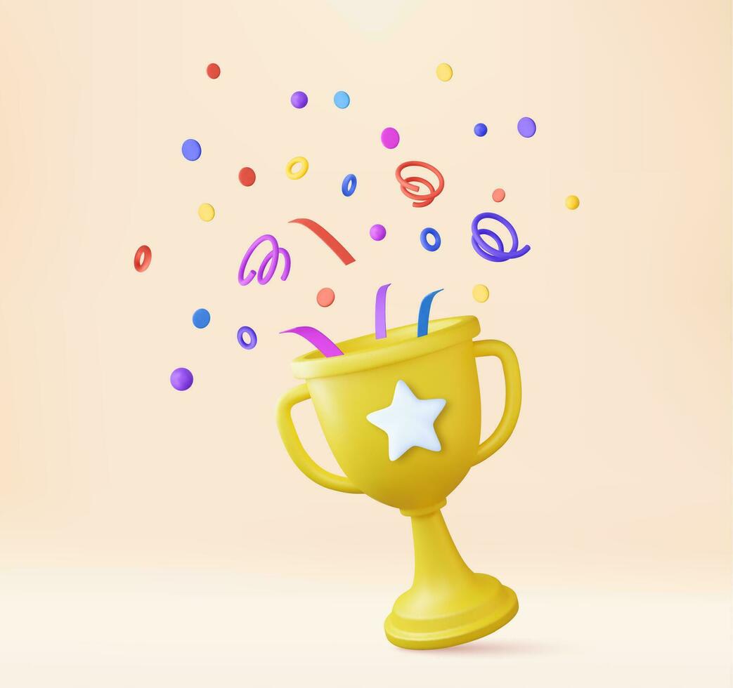 3d prize winner icon with golden cup, winners stars with objects floating around. prize award with confetti. 3d rendering. Vector illustration