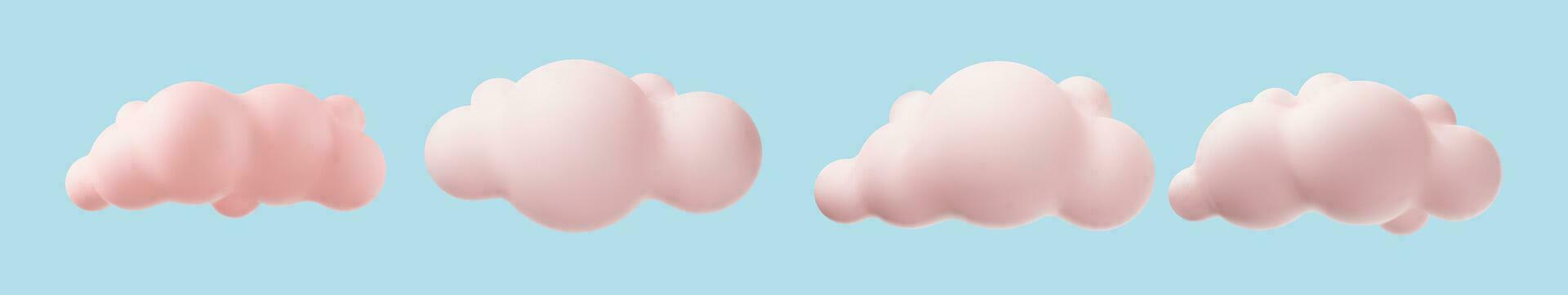 3d pink realistic simple clouds set isolated on blue background. Render soft round cartoon fluffy clouds icon in the sky. Vector illustration