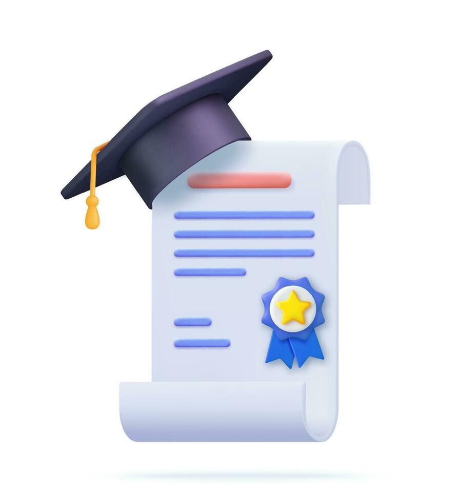 3d logro, otorgar, conceder, diploma conceptos. graduación certificado con taza icono con sello y cinta arco. 3d representación. vector ilustración