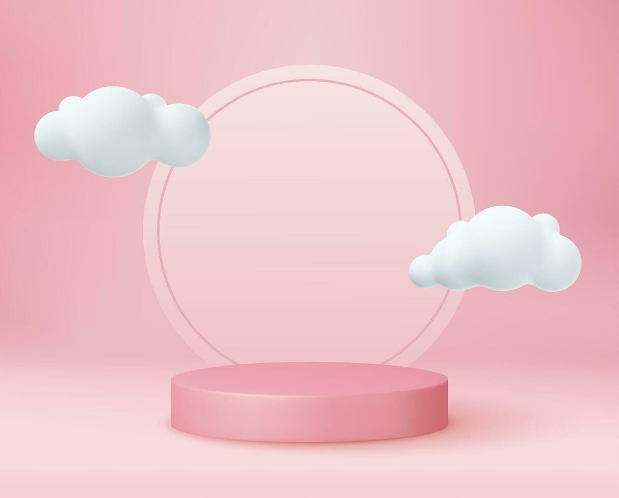 3d rosado representación con podio y nube blanco escena. etapa 3d hacer en nube producto plataforma. burlarse de arriba geometría forma podio para producto monitor con vacío espacio. vector ilustración