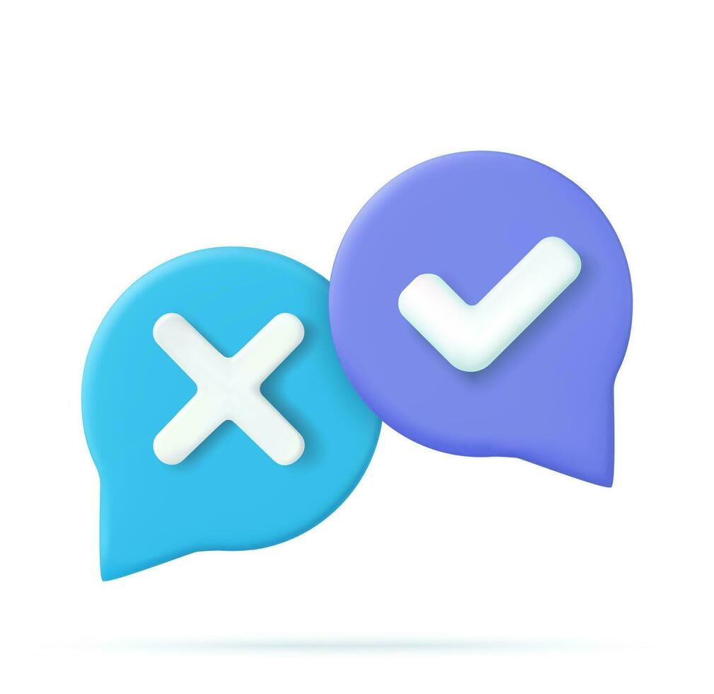 tick check mark and cross mark symbols icon element, Simple ok yes no graphic design, right checkmark symbol accepted and rejected, 3D rendering. Survey reaction icon. Vector illustration